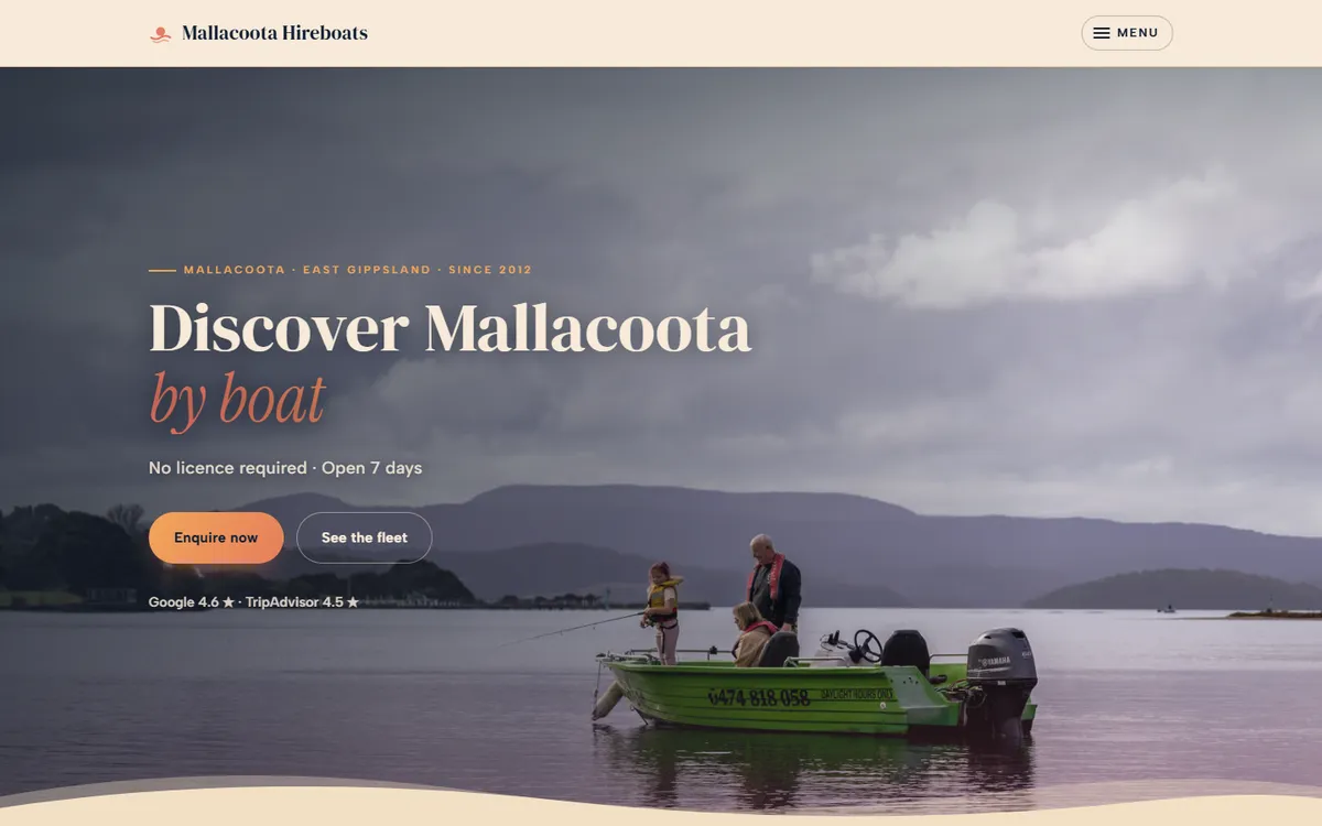 Mallacoota Hireboats new website homepage