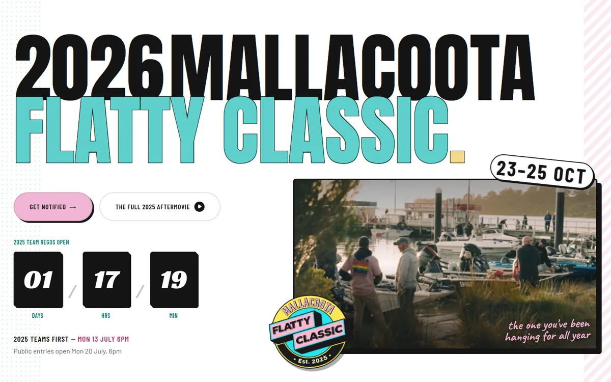 The fishingclassics.com.au homepage hero: the 2026 Mallacoota Flatty Classic masthead, countdown and framed video