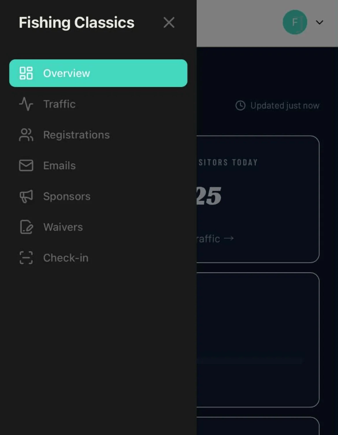 The Fishing Classics admin dashboard on a phone: a side menu with Overview, Traffic, Registrations, Emails, Sponsors, Waivers and Check-in over live event stats