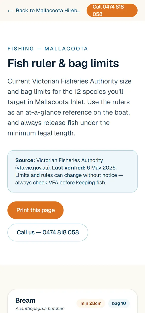 Mallacoota Hireboats fishing guide on a phone
