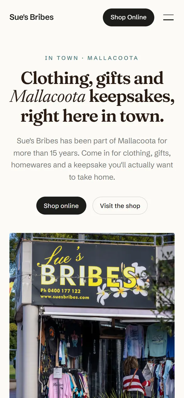 Sue's Bribes homepage on a phone