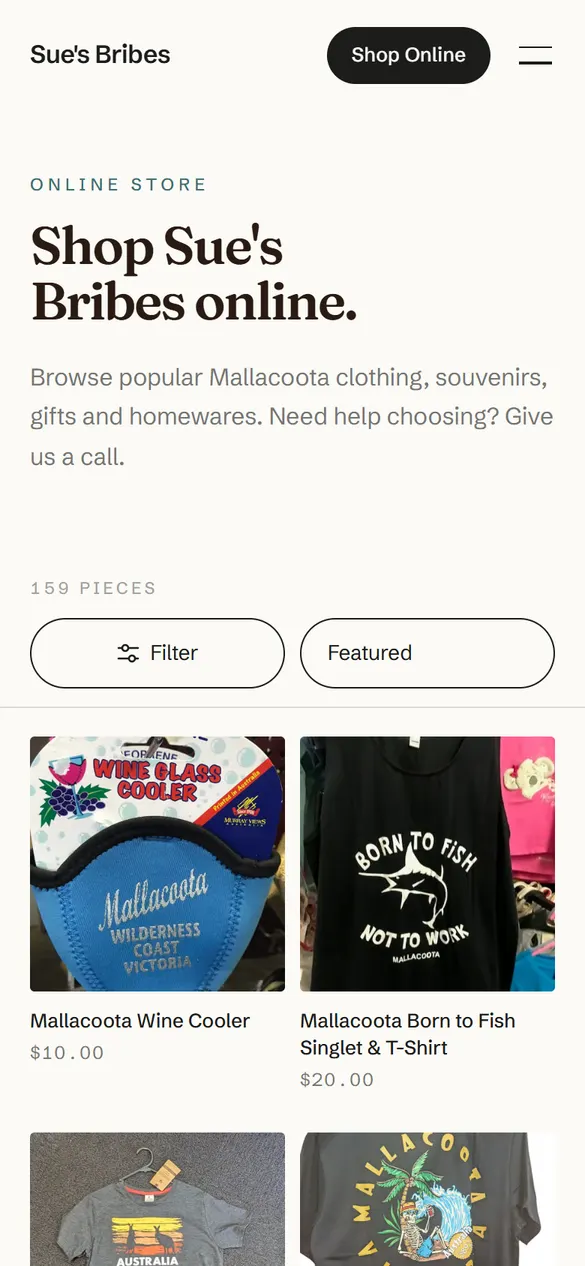 Sue's Bribes online shop on a phone